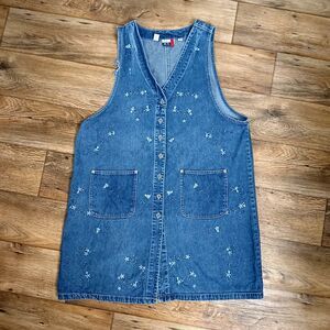 J.L.N.Y Women's 1X Denim Jumper Overall Dress Front Buttons Pockets Embroidered